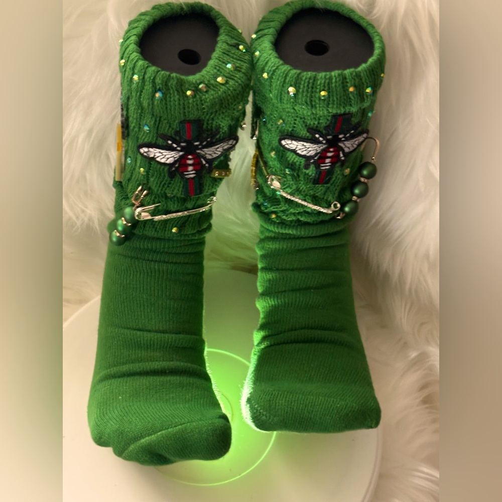 Green Socks with Bee and Bead Embellishments